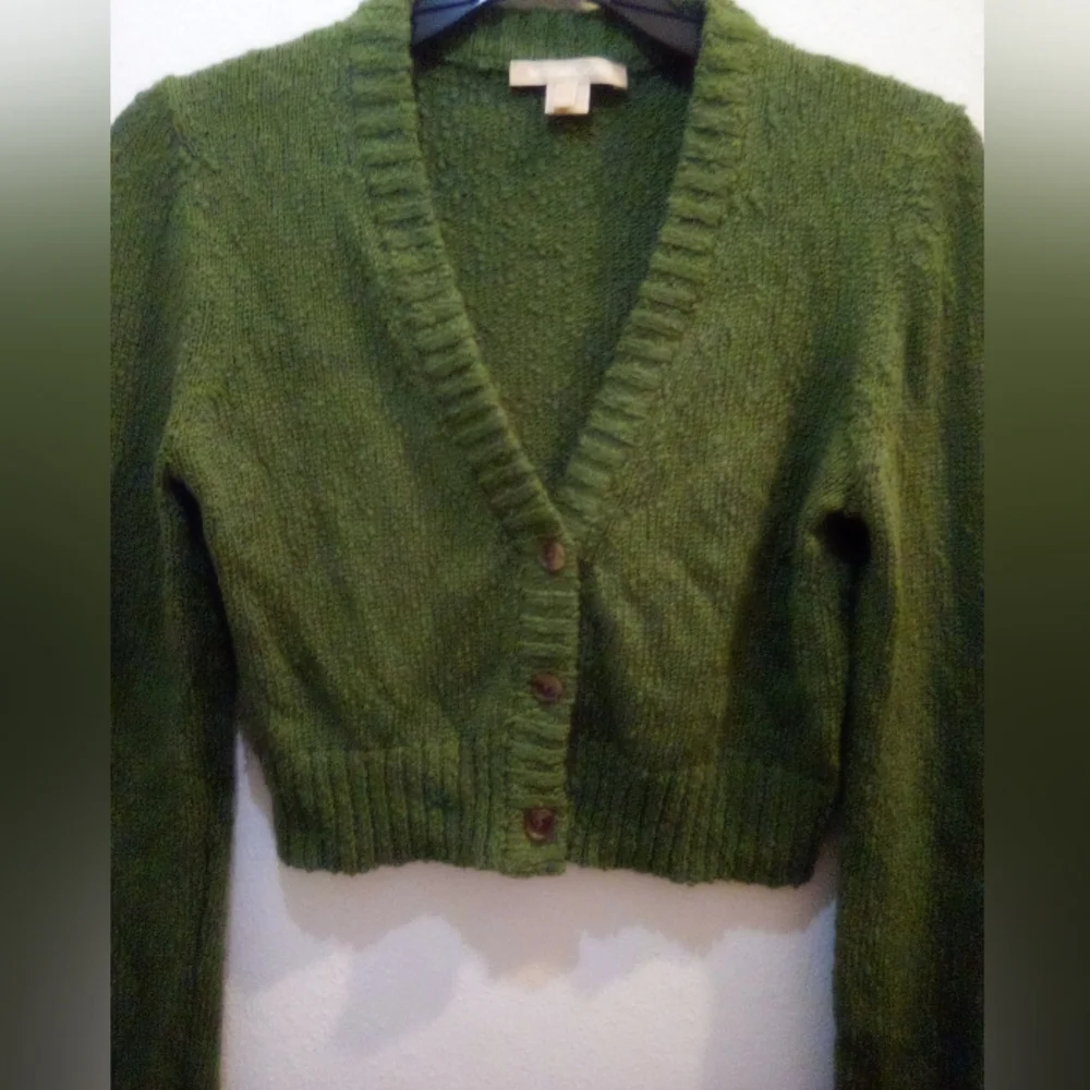 Michael Kors Green Cropped Knit Cardigan 100% Cotton Size XS Fall - Picture 3 of 14